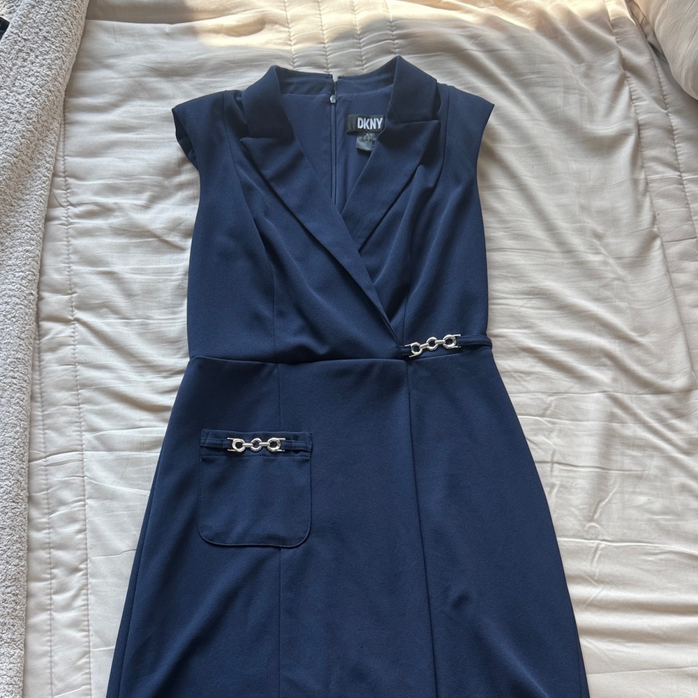 DKNY Deep Blue Midi Dress with Chain Accents